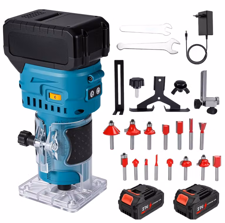 Fresatrice portatile a batteria da 21 V, con motore brushless, 6 velocità, ideale per incisioni e fresature, dotata di 2 batterie e compatibile con le batterie Makita
