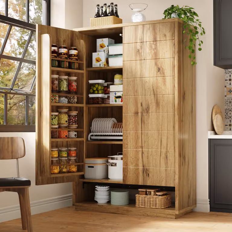 Armadio alto da cucina Abrihome, dimensioni 100 x 40 x 162,5 cm, con due ante, 8 scomparti aperti, 8 ripiani, sistema di sicurezza anticaduta, finitura rovere chiaro