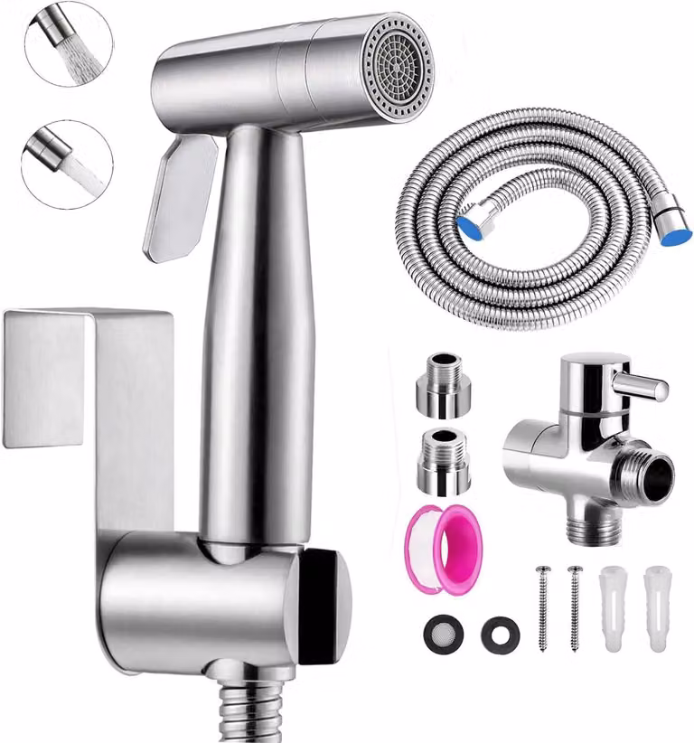 Set per bidet da 1,5 metri, con 2 modalità, soffione manuale in acciaio inossidabile, valvola a T, tubo flessibile e supporto, per l'igiene intima