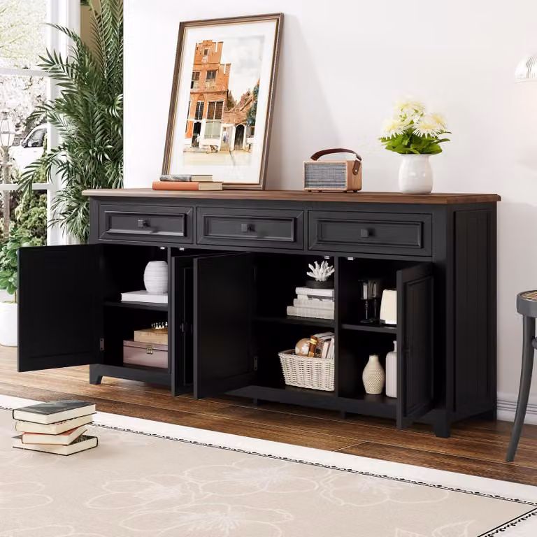 mobile da cucina moderno okwish mobile da corridoio con 3 cassetti e 4 ante, credenza laterale con divisori regolabili e maniglie nere, nero