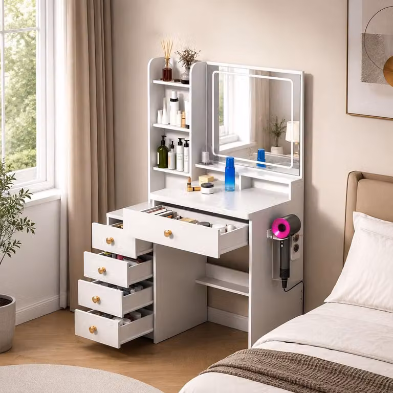 Toeletta GLIESE con specchio illuminato a LED, luminosità regolabile, 5 cassetti, 3 modalità di illuminazione, bianca
