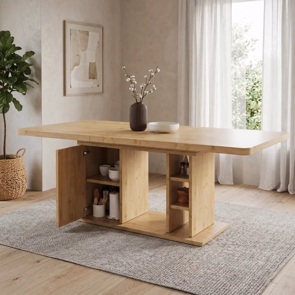Tavolo da pranzo allungabile MIVRAY con mobile e vani aperti in MDF color marrone, piano da 3 cm, L/P/H: 140/180 x 80 x 75 cm – 2