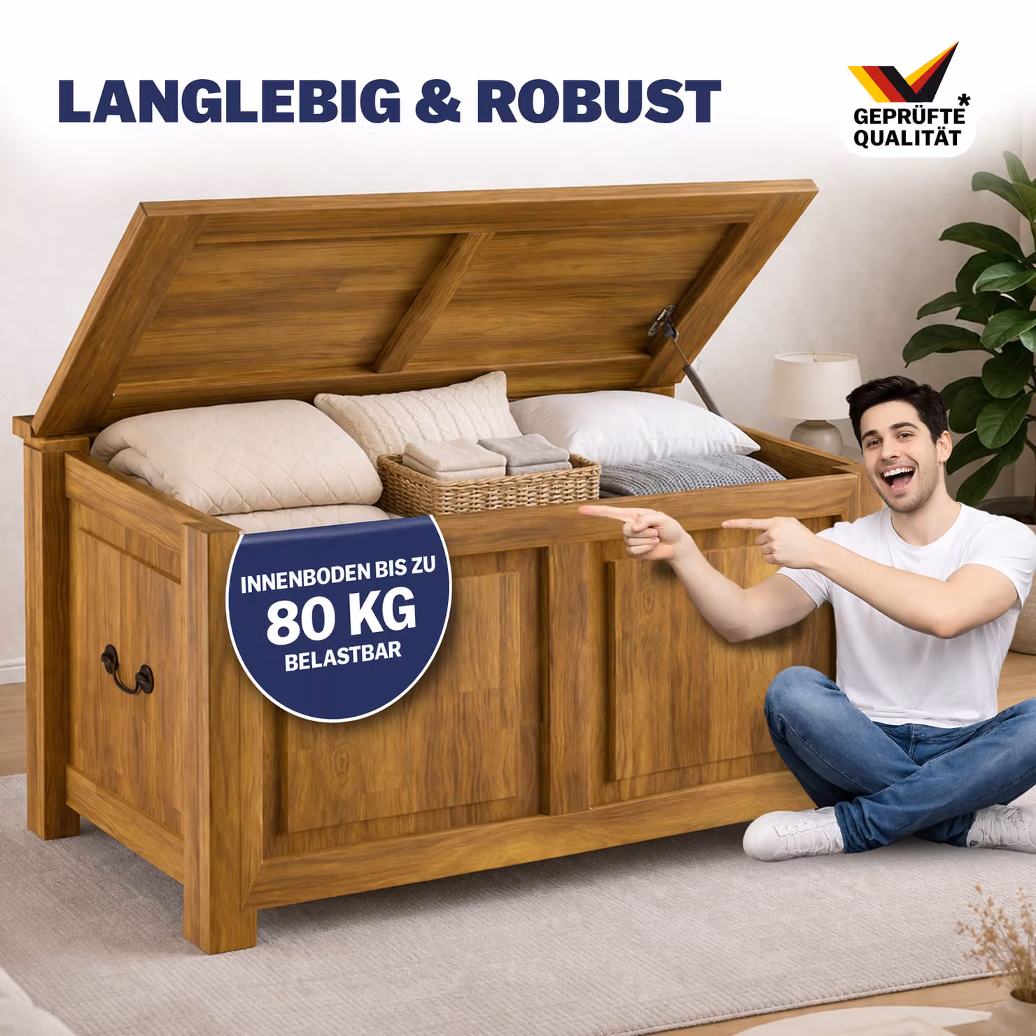 Baule rustico in legno di acacia e metallo Deuba colore marrone L 85 cm x P 44 cm x H 48 cm – 2