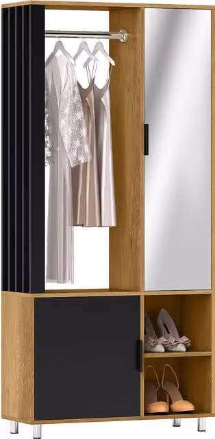 Armadio moderno HOMCOM con ante in vetro, specchio e asta appendiabiti, realizzato in legno, colore nero e marrone – 1