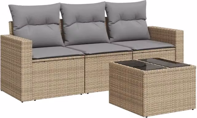 Set Divano da Giardino 4 pz | Set Salotto da Giardino con Cuscini Beige in Polyrattan