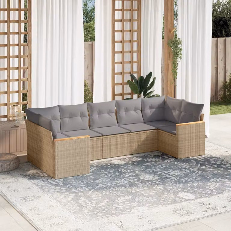 vidaXL Set Divano da Giardino a L 7 pz con Cuscini Beige e Grigio in Polyrattan e Metallo