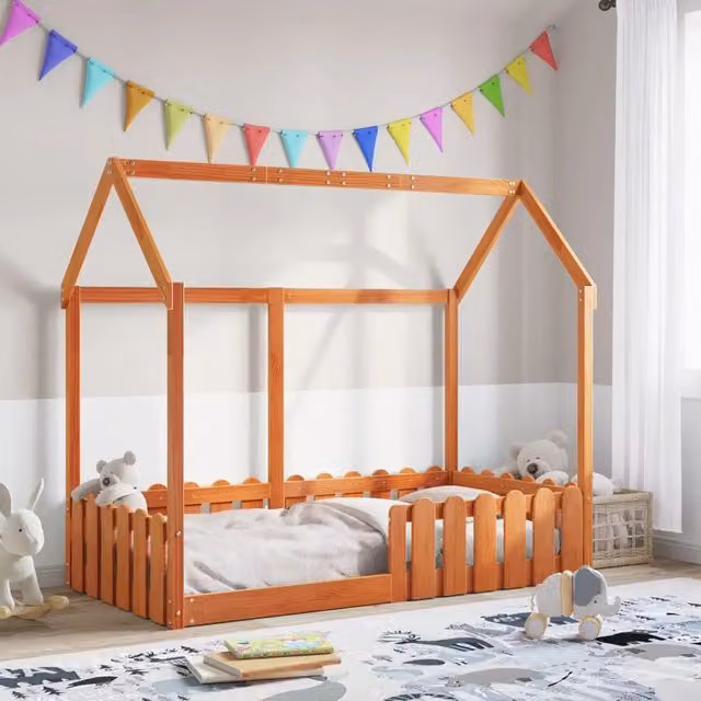 Giroletto Casetta Bambini-Struttura Letto Bambini Marrone Cera 80x160 cm Massello Pino 846000