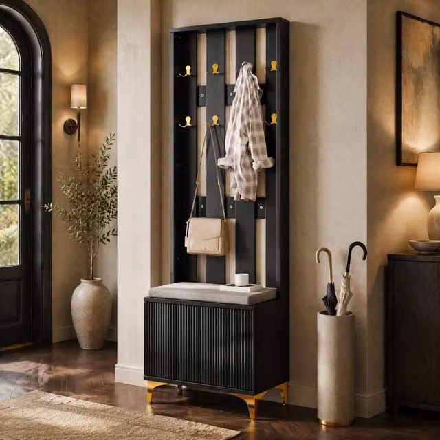 Mobile da ingresso ULEVR 60,5x35,2x180,5 cm con panca imbottita, ganci dorati e ripiani regolabili, nero e oro