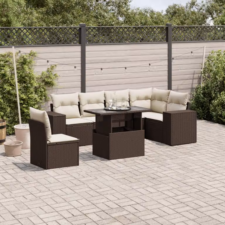 Set di divani da giardino vidaXL in polyrattan marrone con cuscini e tavolino da esterno a forma di L