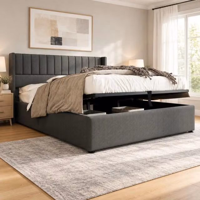 Letto contenitore 140x200 cm grigio in lino con rete a doghe e sollevamento idraulico, senza materasso