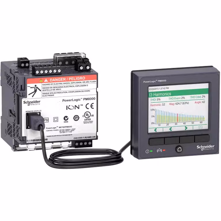 Analizzatore di rete Schneider Electric ION Classe S, PowerLogic PM8214, versione standard, montaggio su guida DIN con display, 512 MB, 256 campioni/periodo, DC METSEPM8214