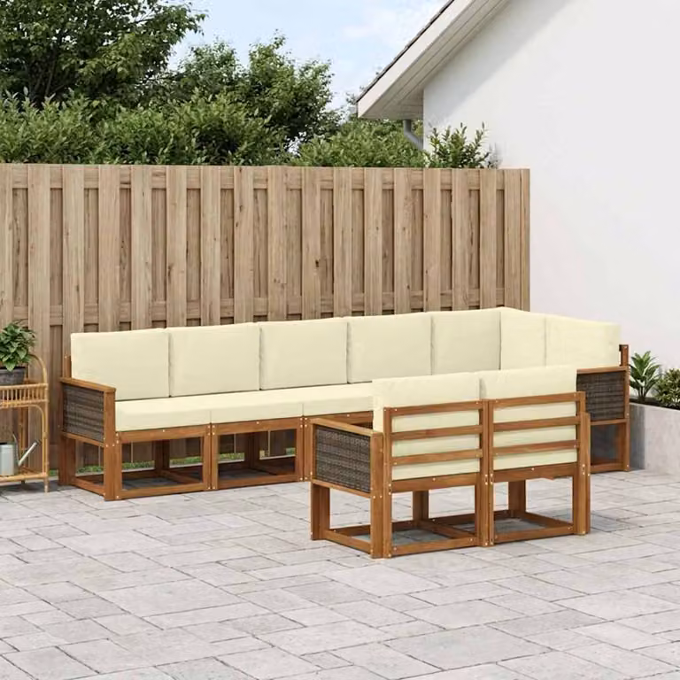 Set di divani da esterno a L vidaXL 8 pz in legno di acacia con cuscini beige e bianco