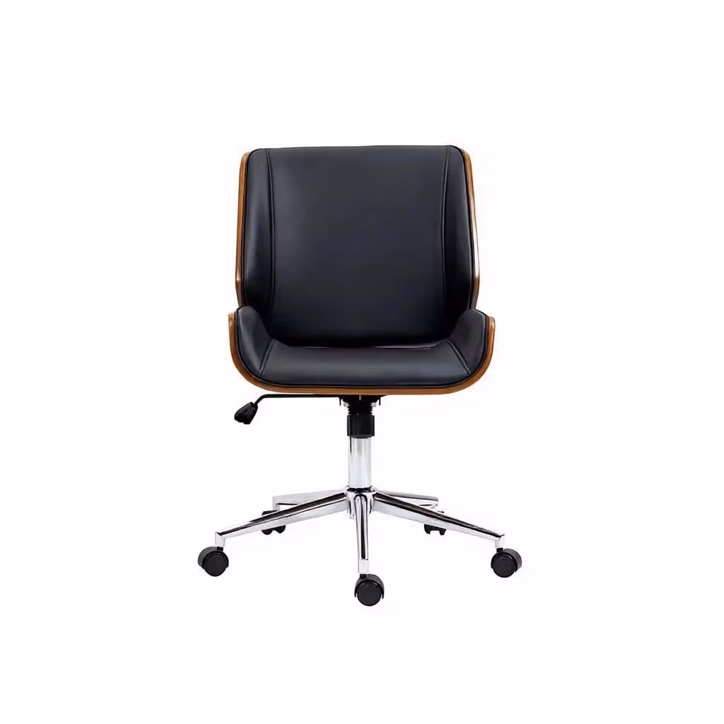 Sedia da ufficio ergonomica con design mid-century in ecopelle nera, struttura in legno e metallo, funzione girevole e ruote per home office – 2