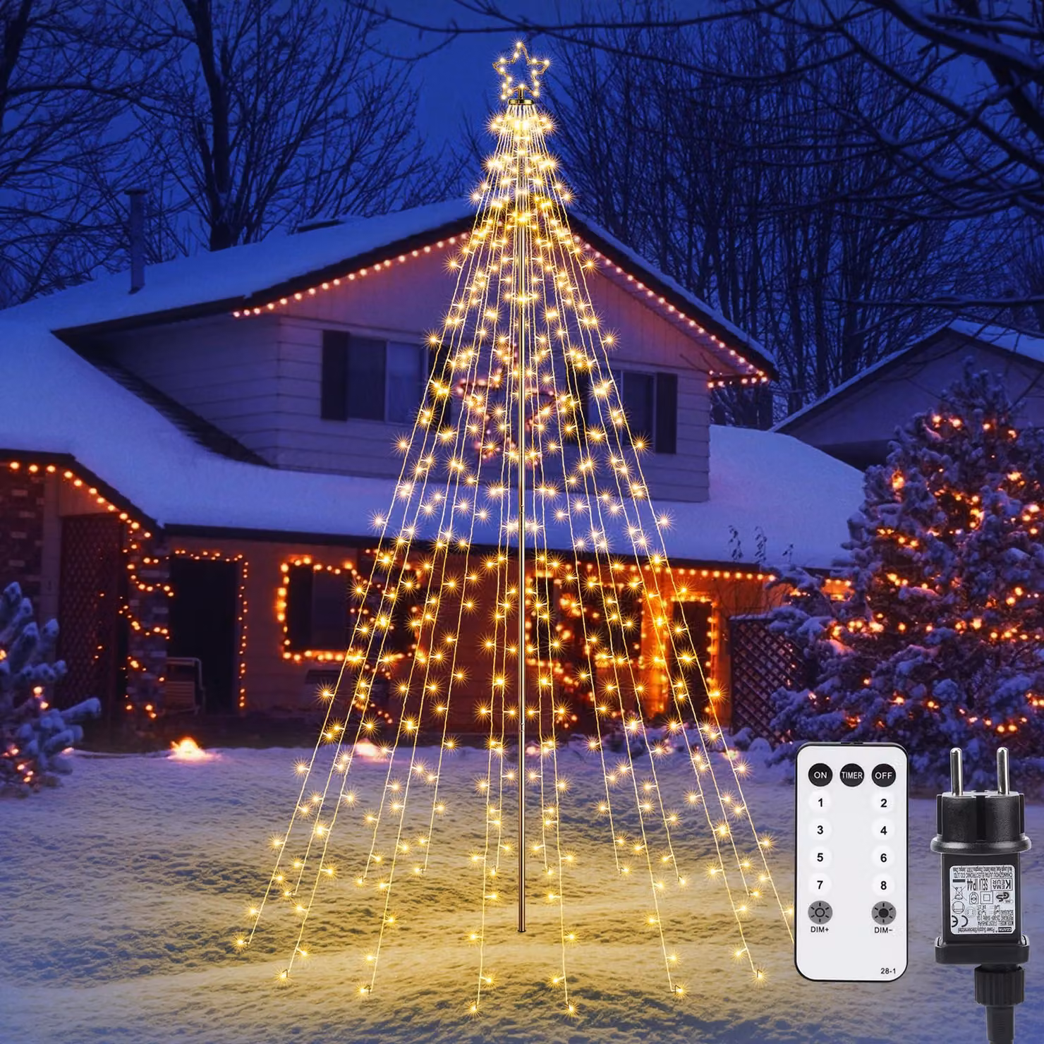 Albero di Natale a LED, altezza 2,3 metri, 274 luci bianche calde, 12 fili luminosi, timer integrato