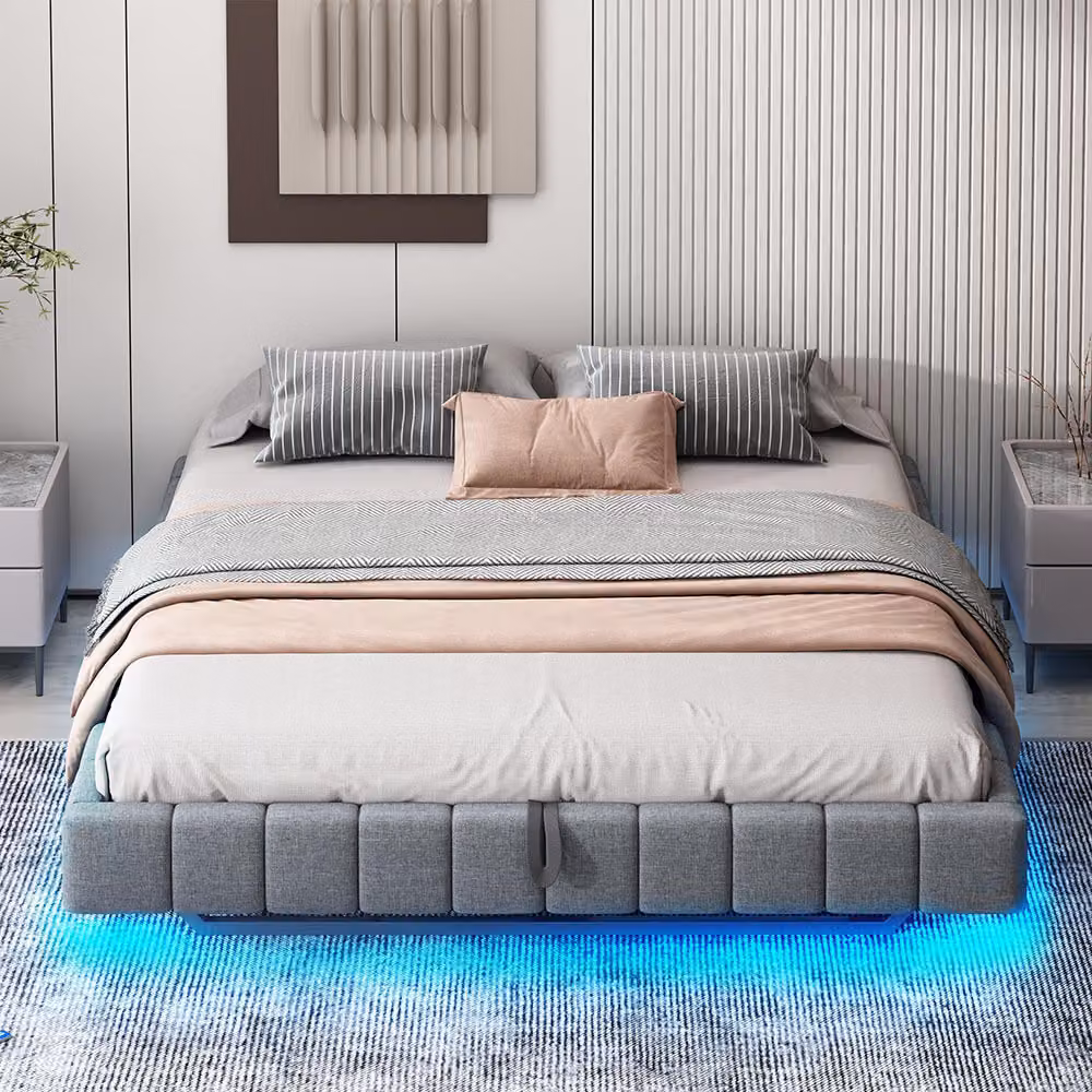 Letto imbottito Sweiko 180x200 cm, rete flottante idraulica con contenitore, senza testata, grigio