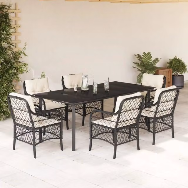 Set da Pranzo da Giardino 7 pz Nero con Cuscini in Polyrattan 3212094