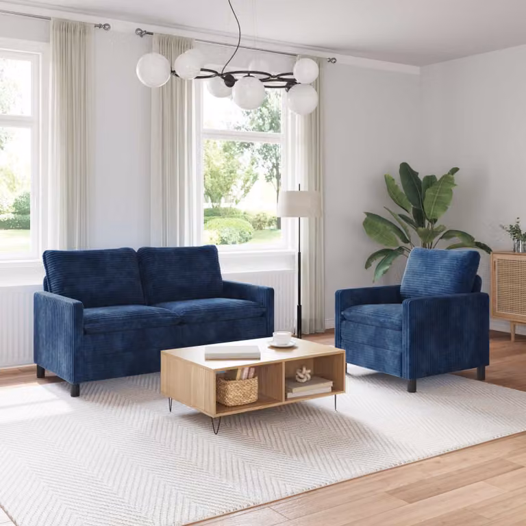 Set di 2 divani moderni vidaXL in tessuto blu con struttura in metallo e cuscini inclusi per il tuo soggiorno