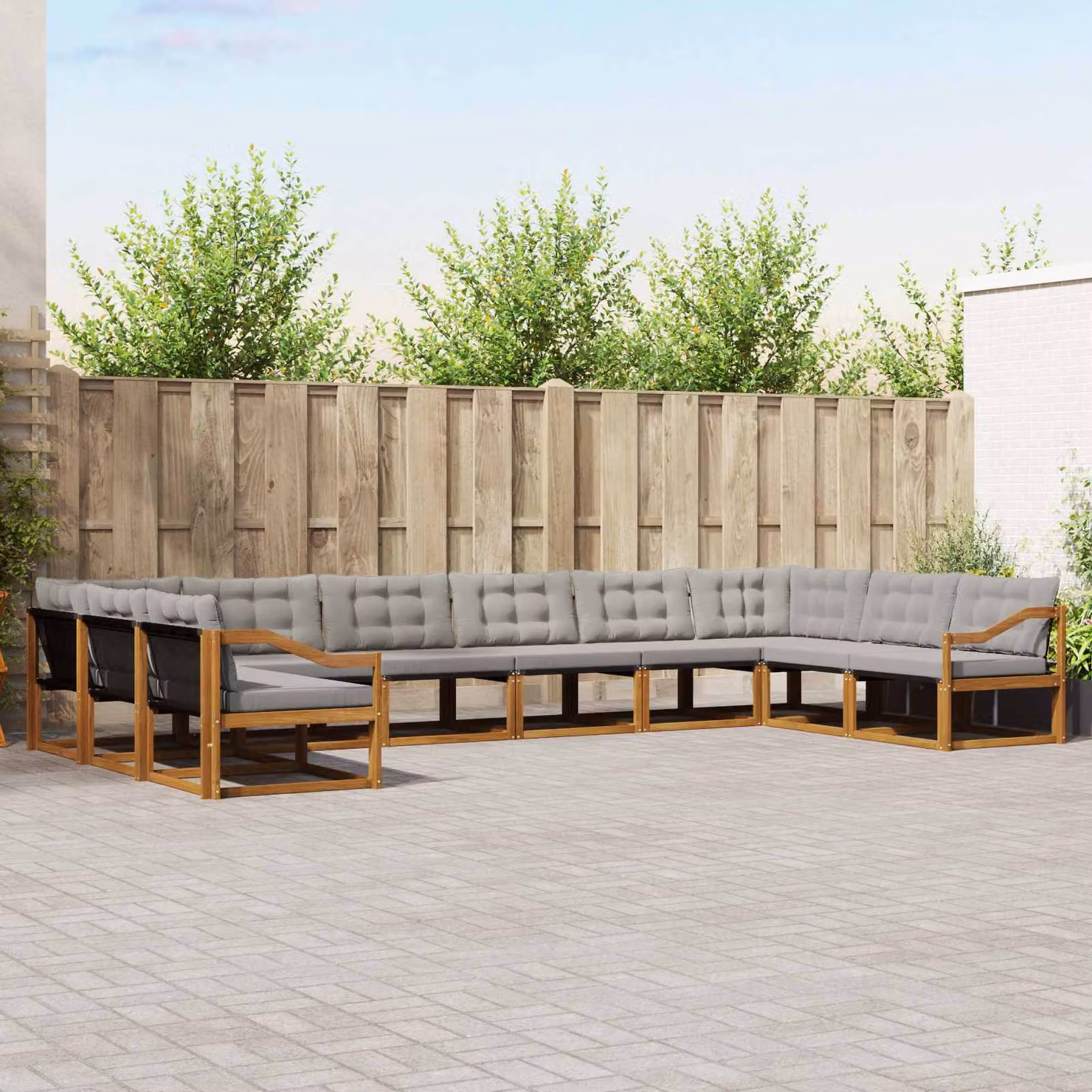 Set di divani da esterno vidaXL a forma di U composto da 10 pezzi in legno di acacia con cuscini grigi rimovibili