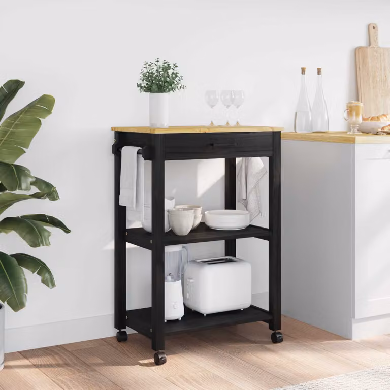 vidaXL Carrello da Cucina MONZA Moderno in Legno di Pino Nero L: 60 cm, P: 40 cm, H: 88,5 cm