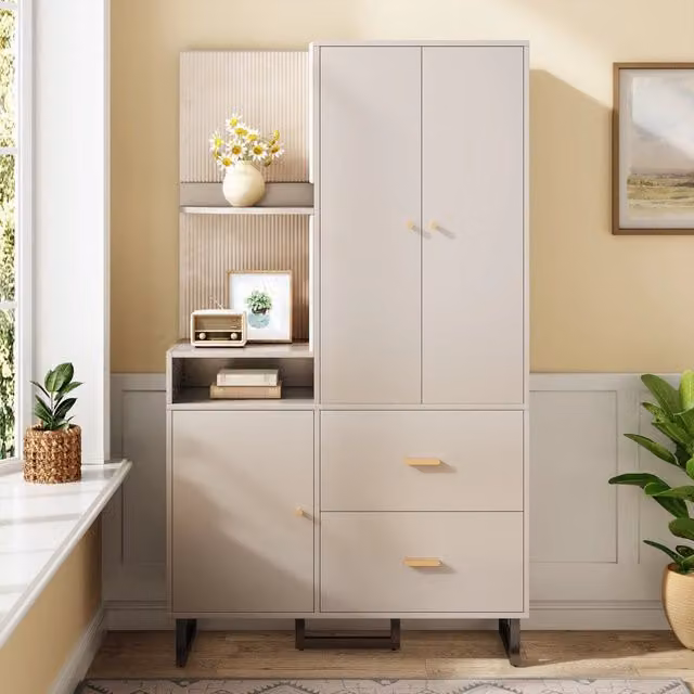 Guardaroba da ingresso Mivray con pannelli imbottiti, 2 cassetti e asta appendiabiti, beige e grigio, L: 110 cm, P: 38 cm, H: 186 cm