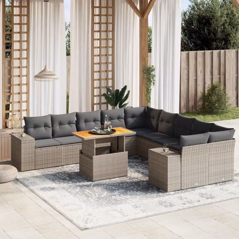 vidaXL Set Divani da Giardino 11 pz in Polyrattan Grigio con Cuscini e Tavolino da Esterno