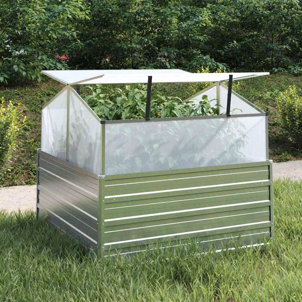 Letto rialzato da giardino con serra vidaXL in acciaio galvanizzato, Argento, L 100 x P 100 x H 85 cm