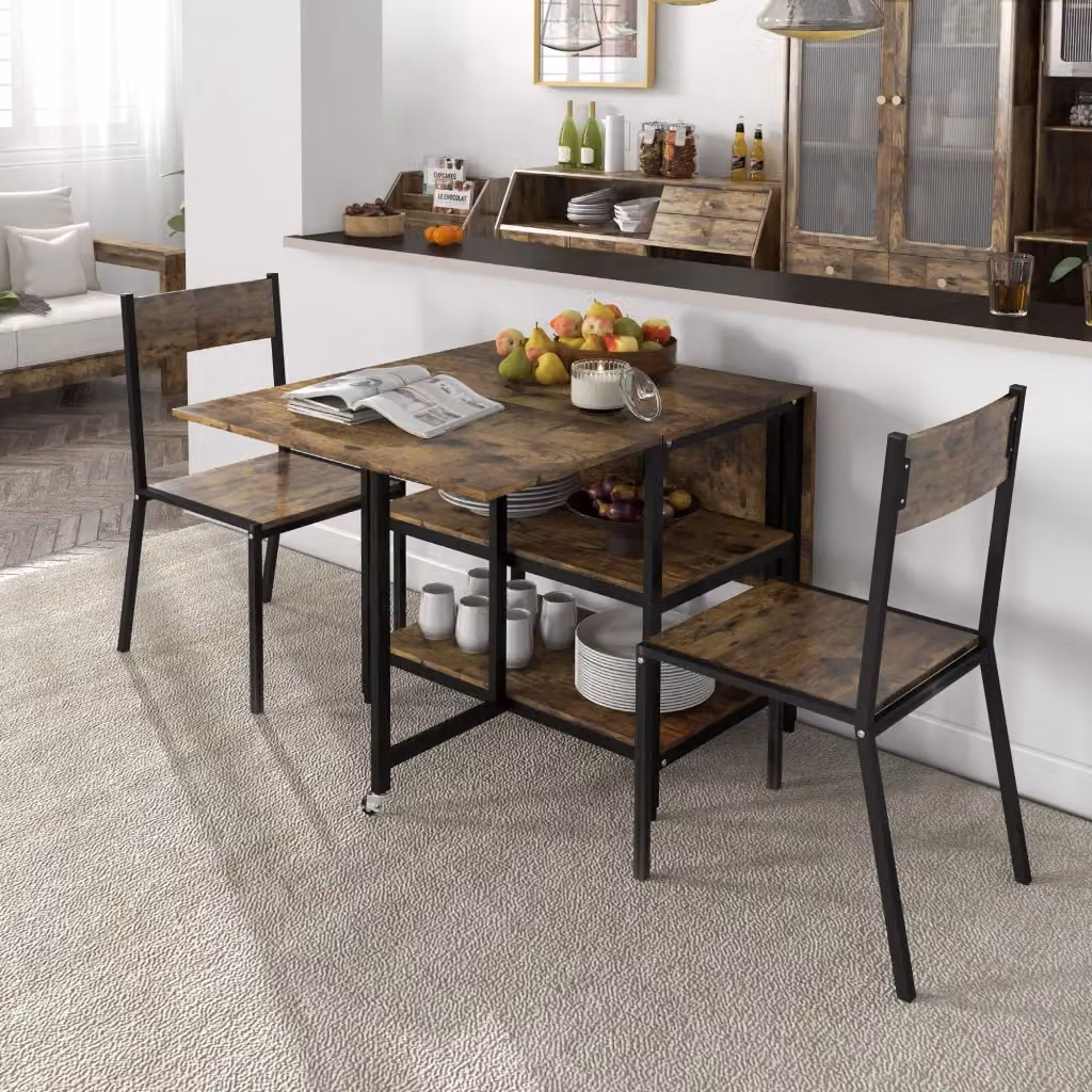 Tavolo da pranzo pieghevole WISHDOR marrone con 2 ripiani e ruote L: 140 cm, P: 80 cm, H: 75 cm – 2