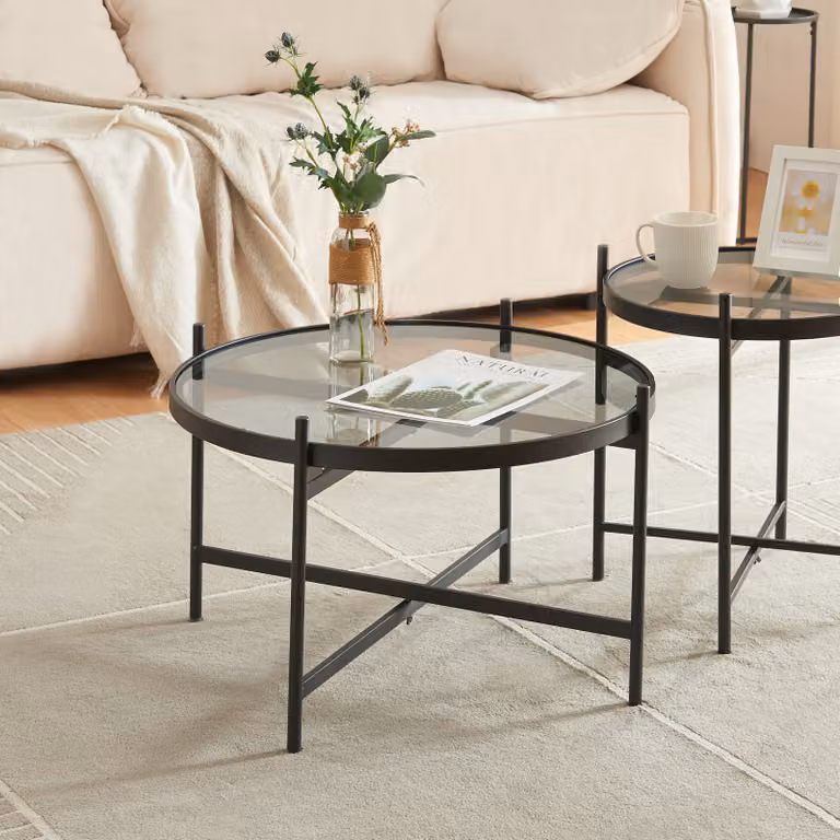 Tavolino 'Lier' struttura rotonda in metallo con piano in vetro Ø61 x 39,5 cm nero