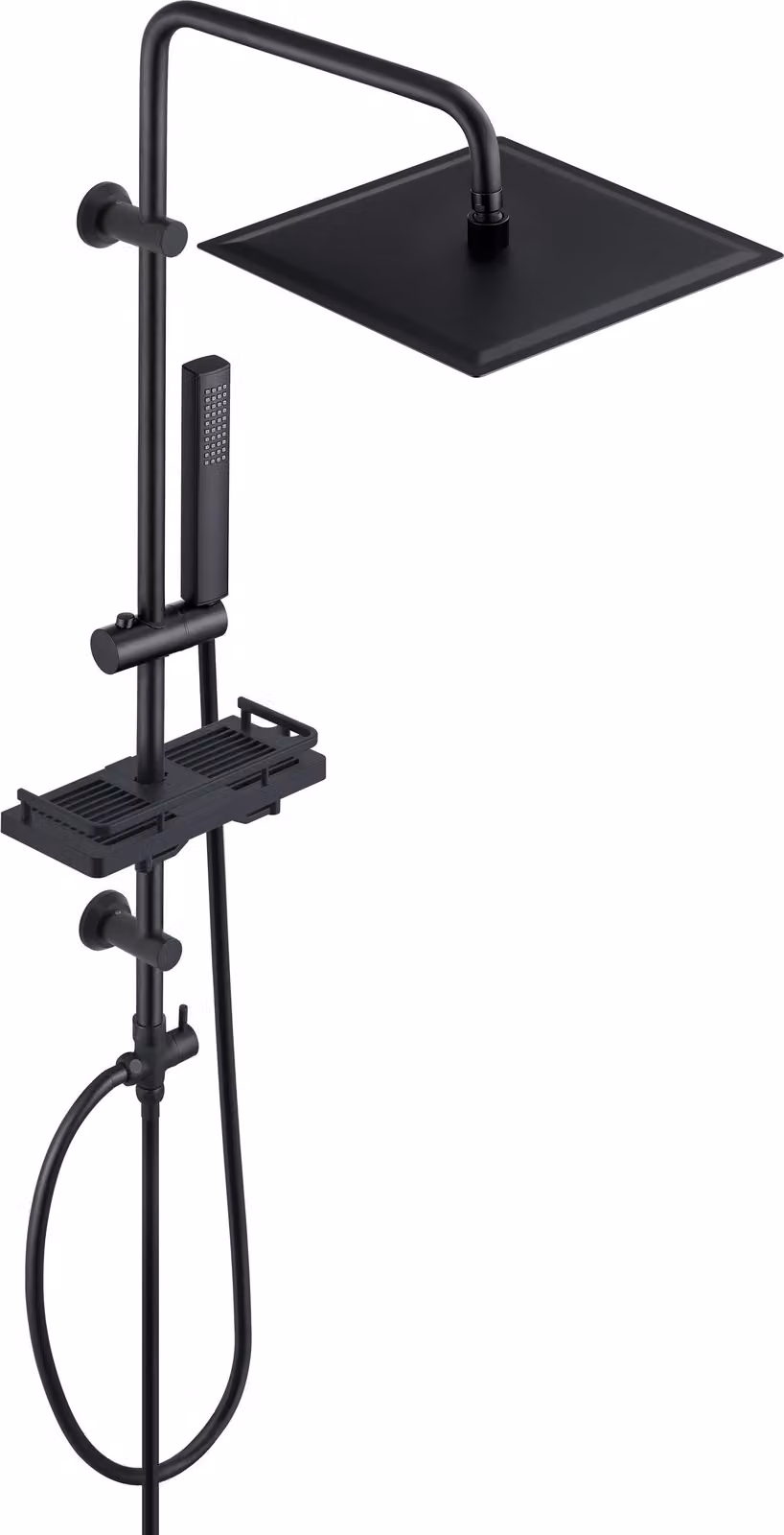 JOHO Colonna DocciaAcciaio Inox Senza Miscelatore Fori Muro Regolabili Nero-Set Asta Doccia a Pioggia Porta Ogetti Mensola Quadrato soffione 30x30cm