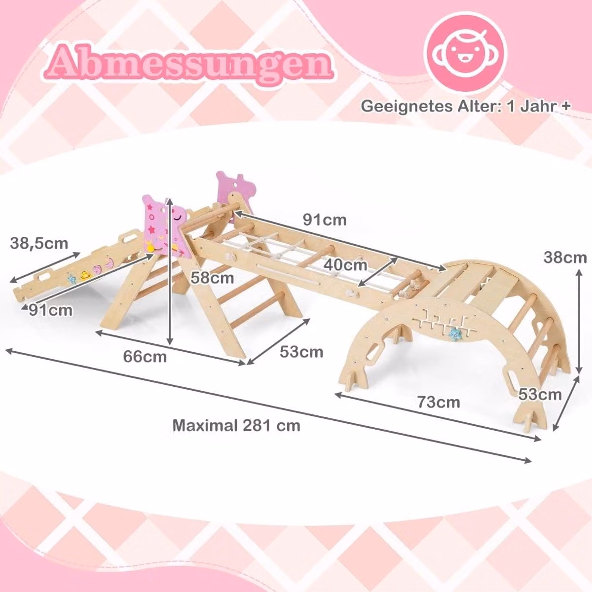 Set da arrampicata per bambini da 4 pezzi con scivolo e arco - Legno naturale