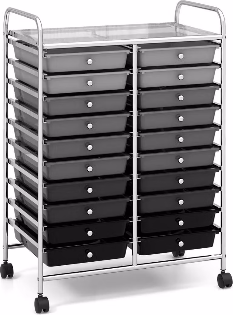 Carrello con 20 cassetti e struttura in metallo, nero