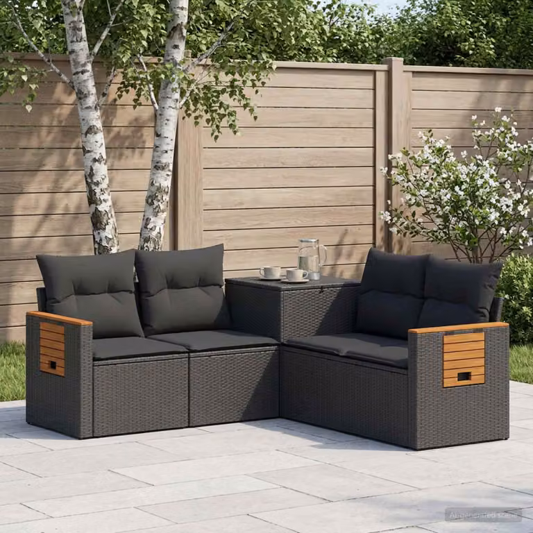 Set di divani da giardino vidaXL a forma di L con poltrona e cuscini, colore nero, in rattan sintetico e metallo