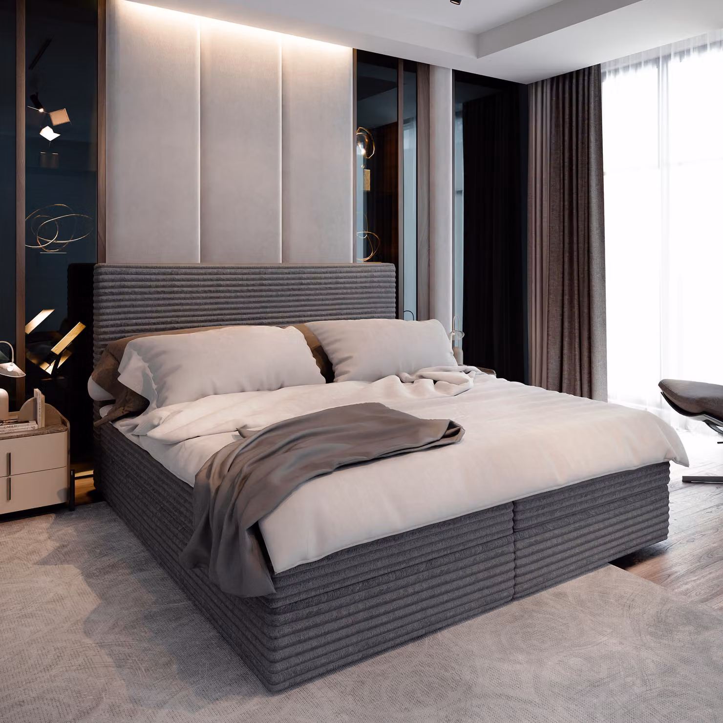 Letto a molle Masseno PISA 140x200 cm completo di materasso e topper Bonell, letto imbottito con cassettiera - grigio, TILIA 85