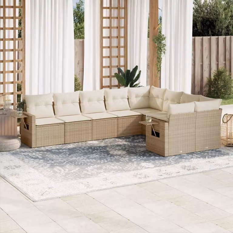 Set Divano da Giardino vidaXL 9 pz in Polyrattan Beige con Cuscini e Tavolino da Caffè