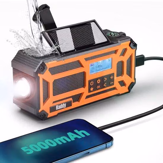 Radio di emergenza, ricaricabile, USB, power bank, torcia, AM/FM, impermeabile