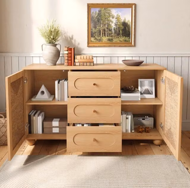Credenza sideboard 140x40x80 cm con 2 ante in intreccio di corda; 3 cassetti; naturale