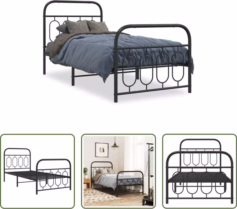 The Living Store Struttura letto con testiera e pediera in metallo nero 90x200 cm