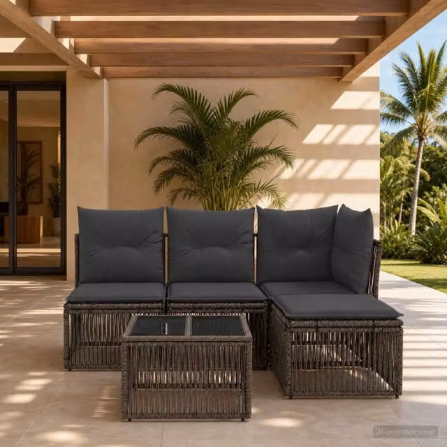 Set Divano da Giardino 5 Pezzi vidaXL in Polyrattan Grigio con Cuscini e Tavolino – 1