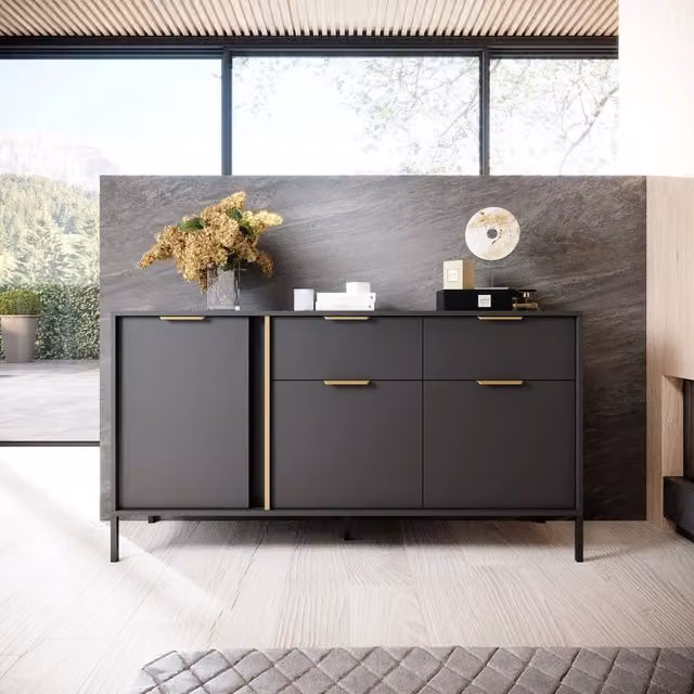 Madia Hametesi, Credenza 2 Cassetti, 153x40x81h cm Nero