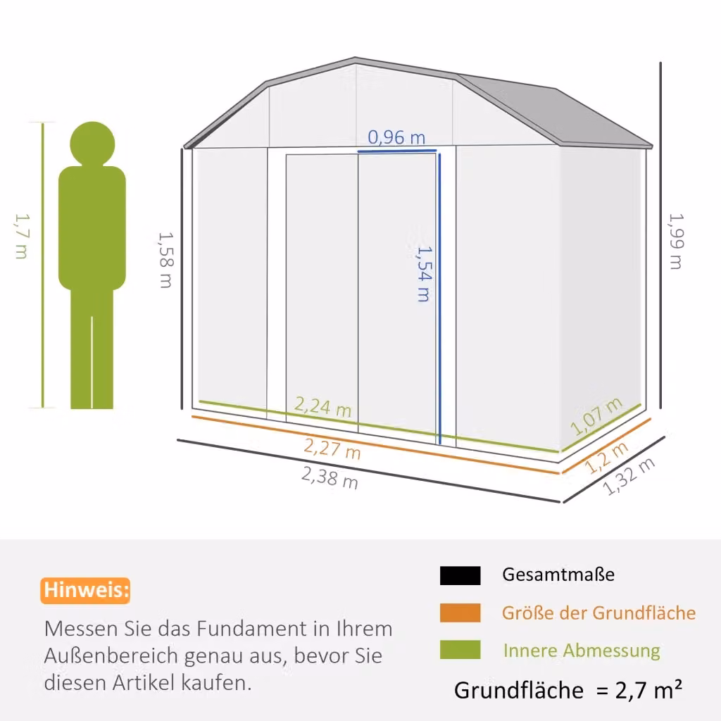 Casetta da giardino WISHDOR in acciaio zincato grigio scuro con 2,7 m2, finestre, ripiani regolabili e kit fondamenta – 2
