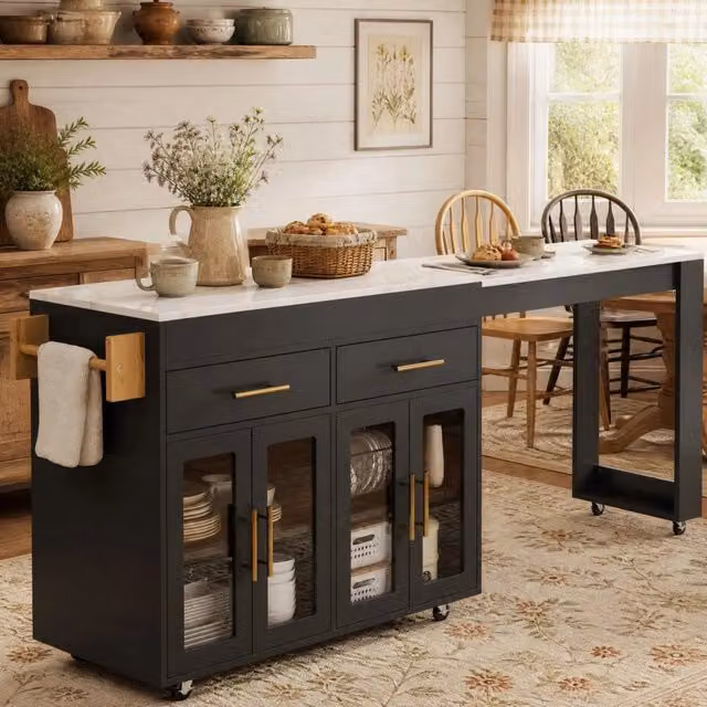 Isola cucina mobile 132,5-217x50x93 cm MDF nero, piano estensibile -