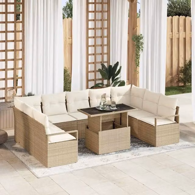Set Divano da Giardino 10 Pezzi vidaXL Beige con Cuscini e Tavolino in Rattan e Metallo – 1