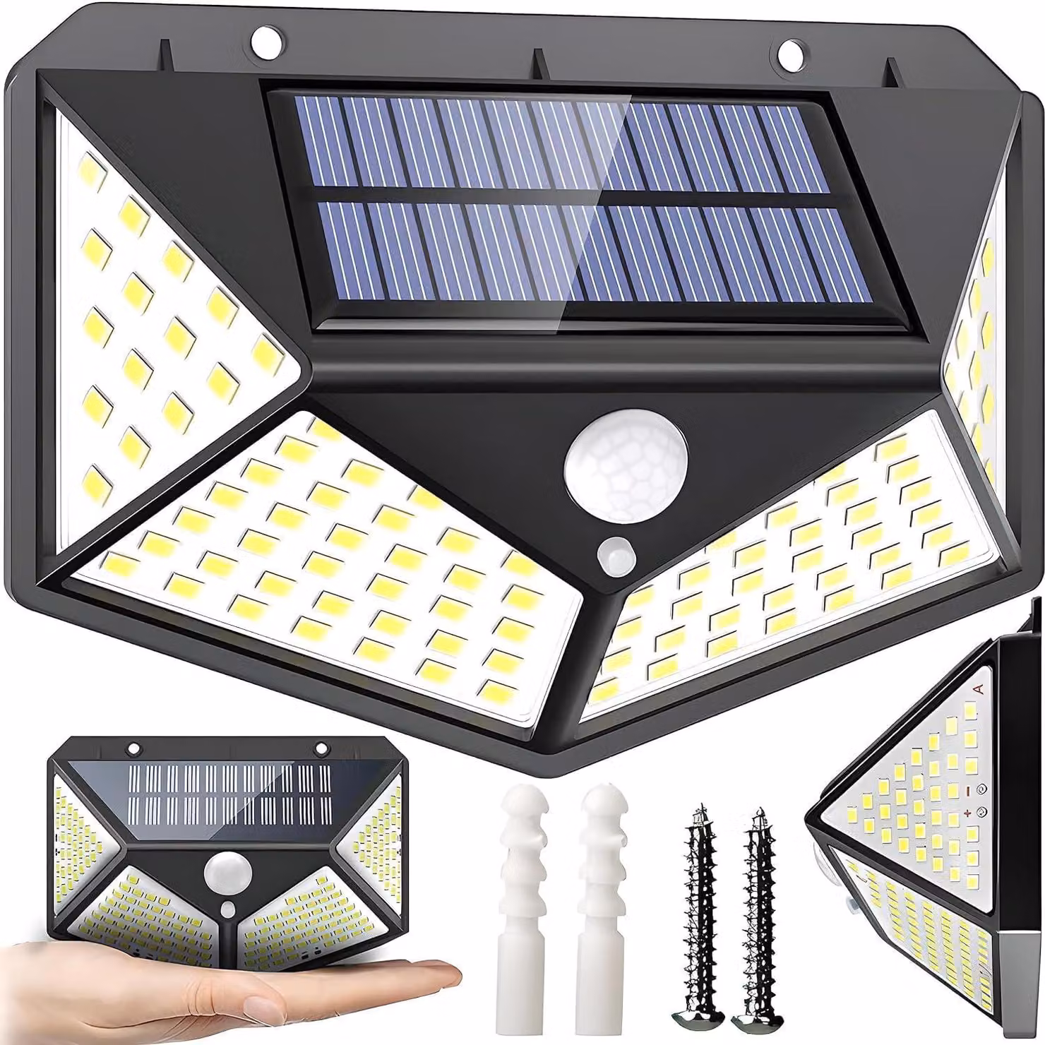 Lampada da esterno a LED solare, 100 LED, 3 modalità, sensore di movimento, grado di protezione IP65