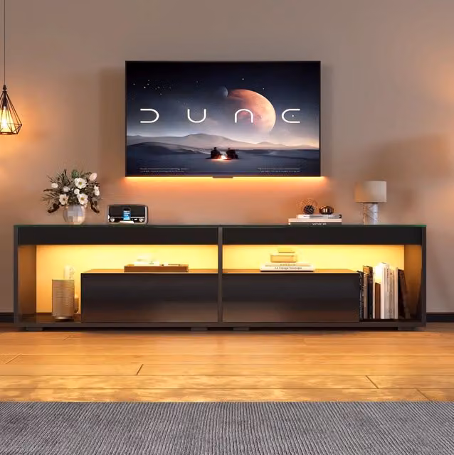 Mobile TV ULEVR 180x40x46 cm con LED app, 2 cassetti e vetro temperato, nero lucido