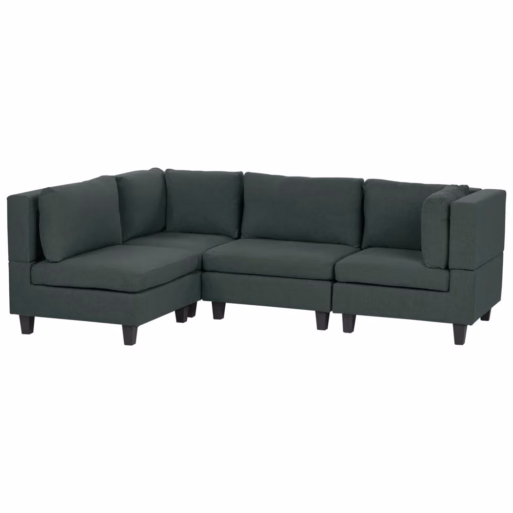 Divano componibile Beliani a 4 posti in tessuto verde scuro con ottomana e gambe nere, stile moderno, lato destro, L 228 x P 152 x H 77 cm – 2