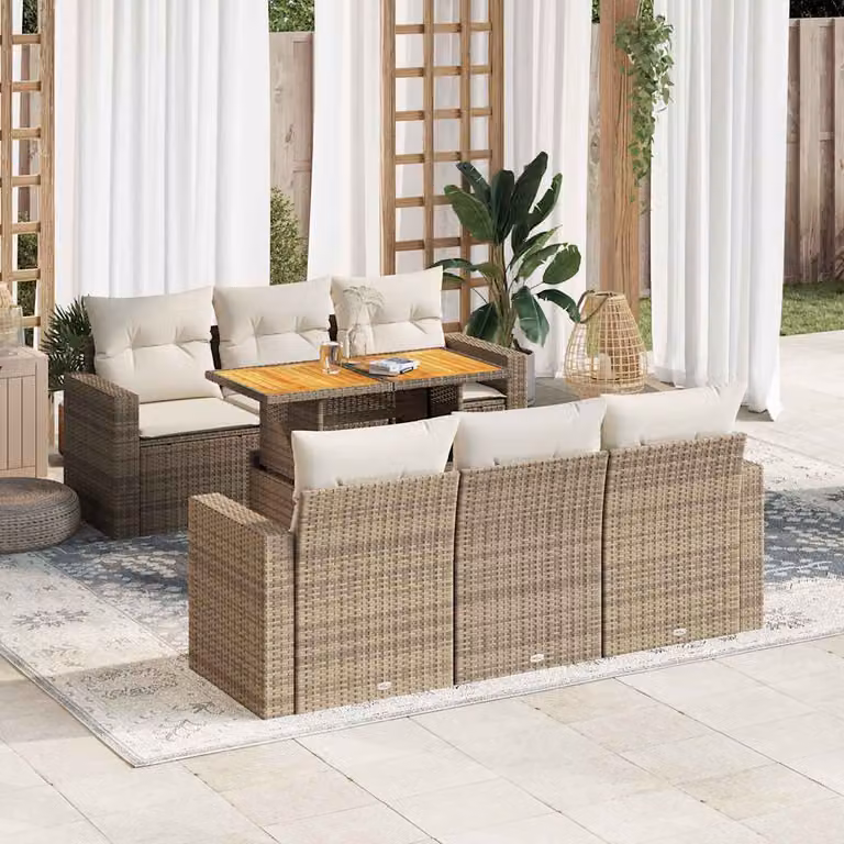 Set Divani da Giardino vidaXL 7 pz a Forma a L con Cuscini Beige e Tavolino in Polyrattan e Legno di Acacia