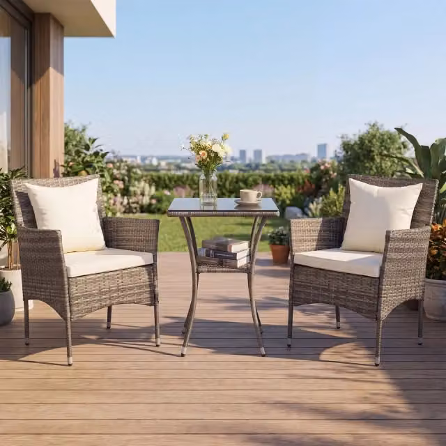 Set da bistrot esterno 3 pezzi composto da tavolo in vetro temperato e 2 sedie in rattan e metallo beige e grigio per giardino e veranda – 2