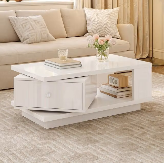 Tavolino da caffè con cassetto girevole e vano aperto; 90x48x35 cm; bianco lucido