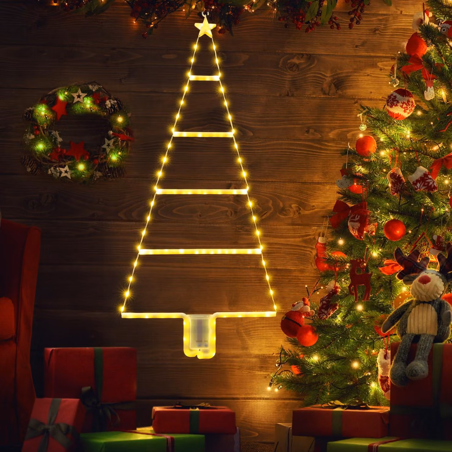 Catena luminosa a LED per albero di Natale, 81 cm, luce bianca calda, alimentazione a batteria, con timer