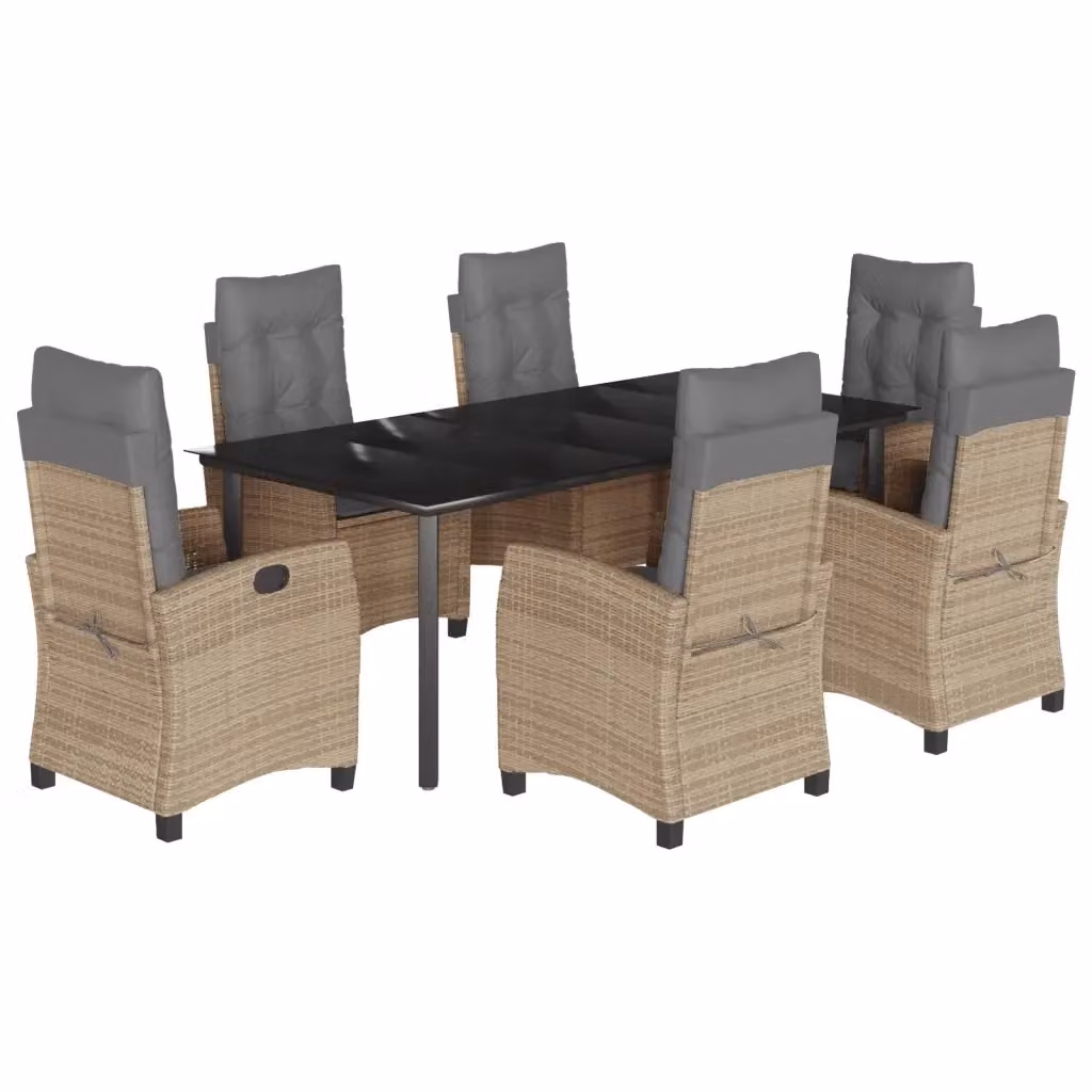 Set Pranzo da Giardino vidaXL in Polyrattan con Cuscini Beige Misto e Piano in Vetro, 7 Pezzi – 2